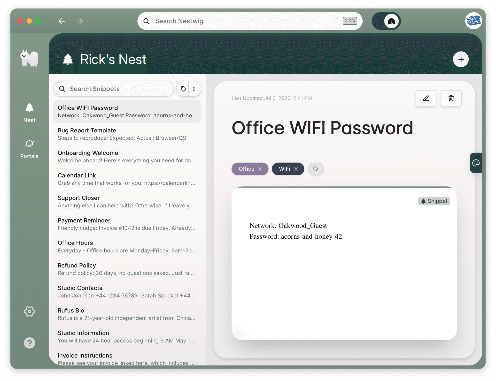 Nestwig's Nest — snippets tidy and titled inside the desktop app